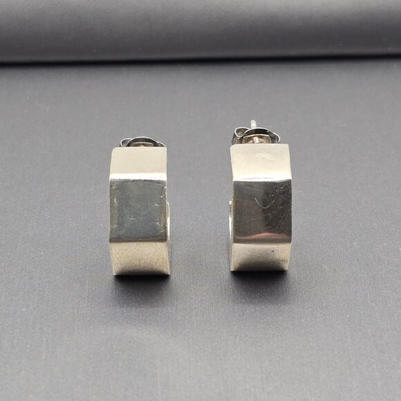 Sterling Silver Geometric C-Hoop Earrings Bold .75" Modern Hexagon Design - Picture 3 of 13